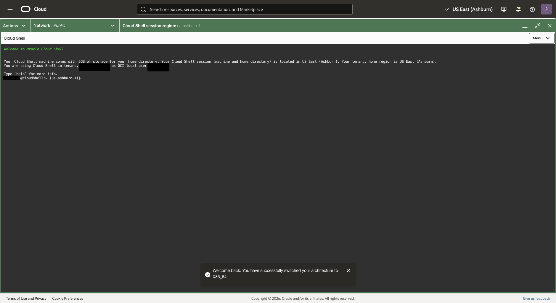 Cloud Shell architecture selection success message