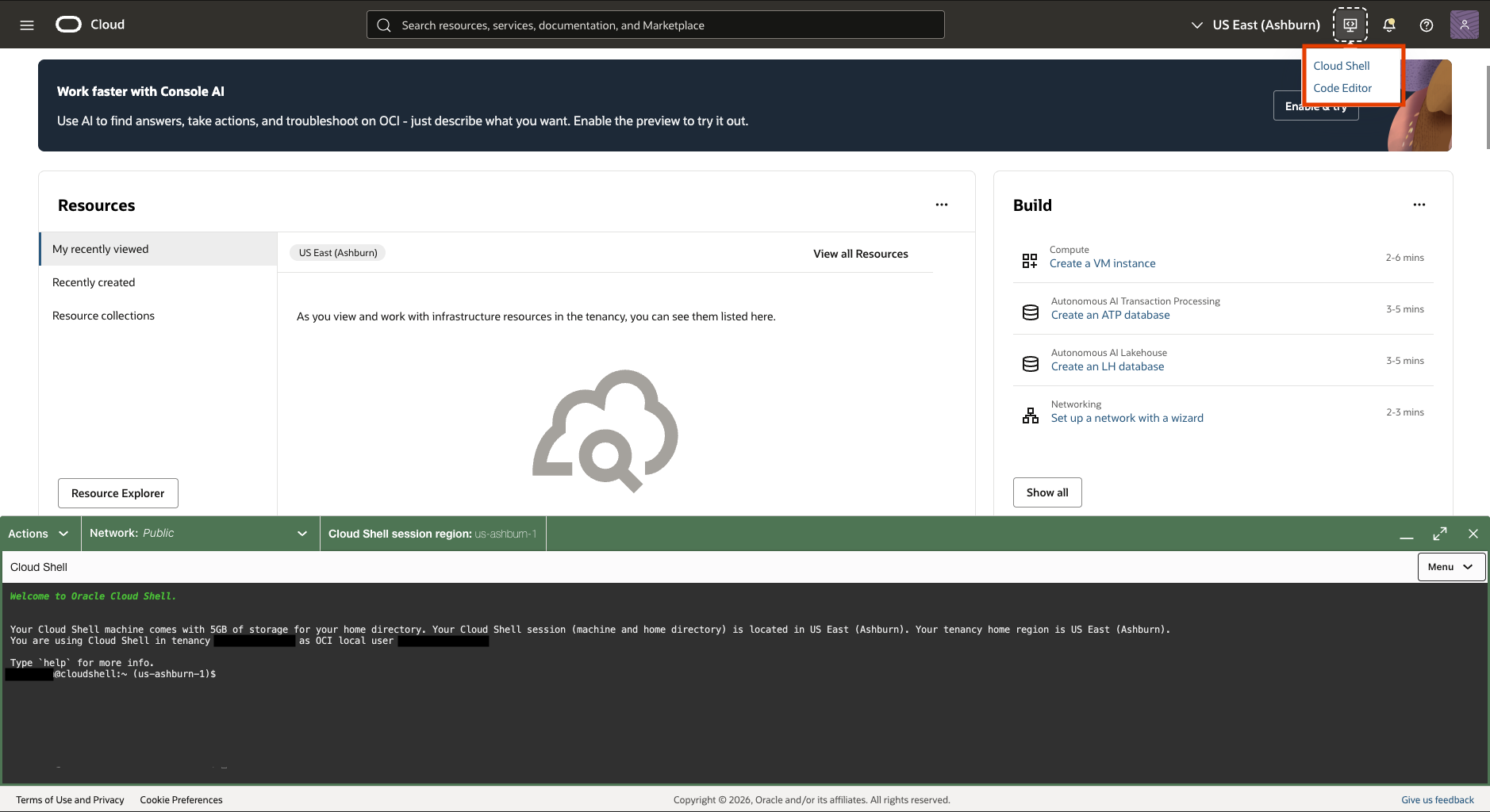 Cloud Shell launch menu