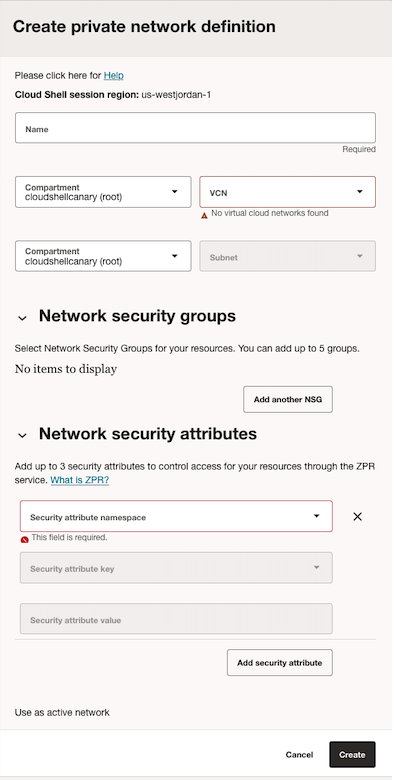 Example completed Cloud Shell private network setup dialog