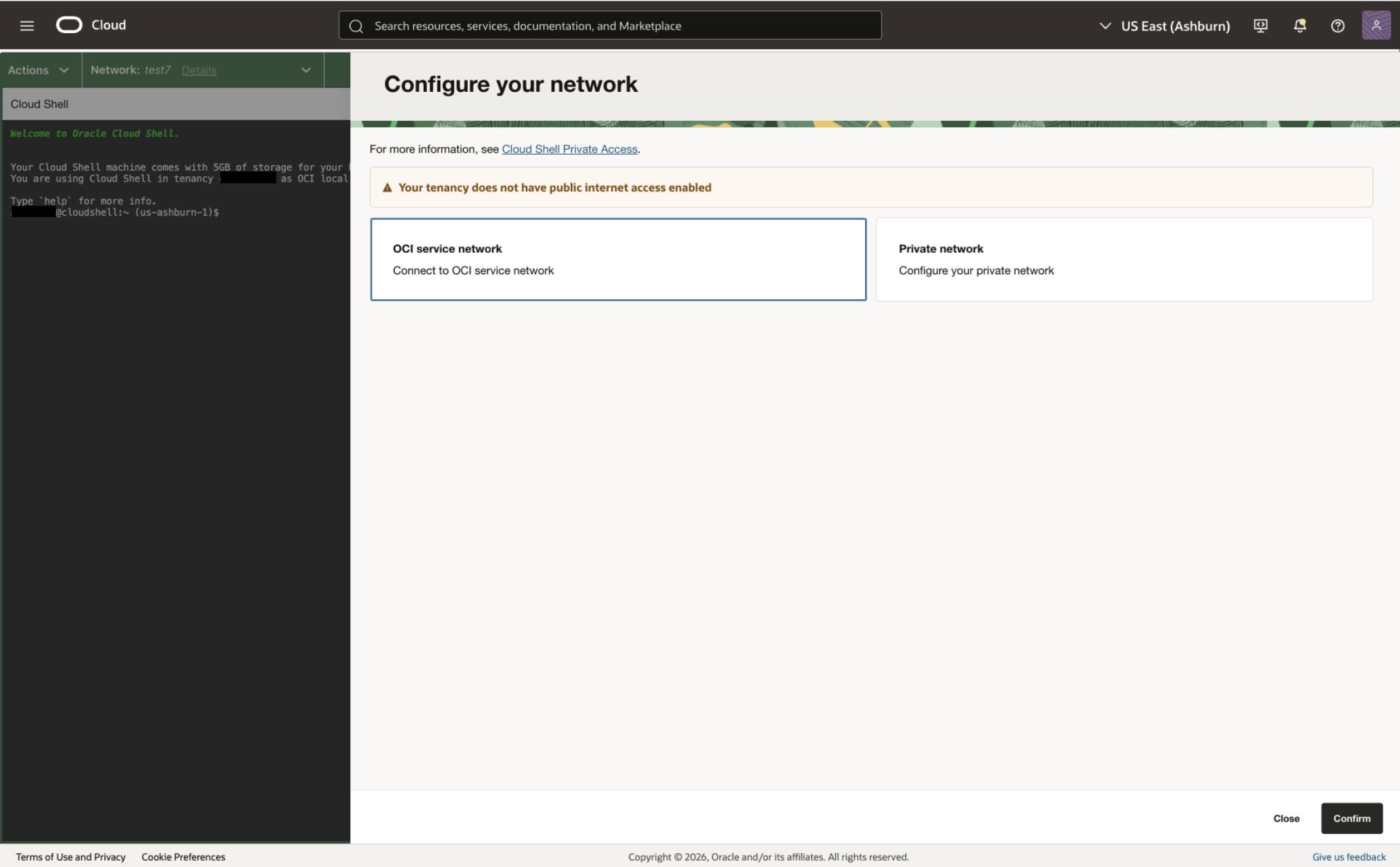 Cloud Shell restricted network dialog