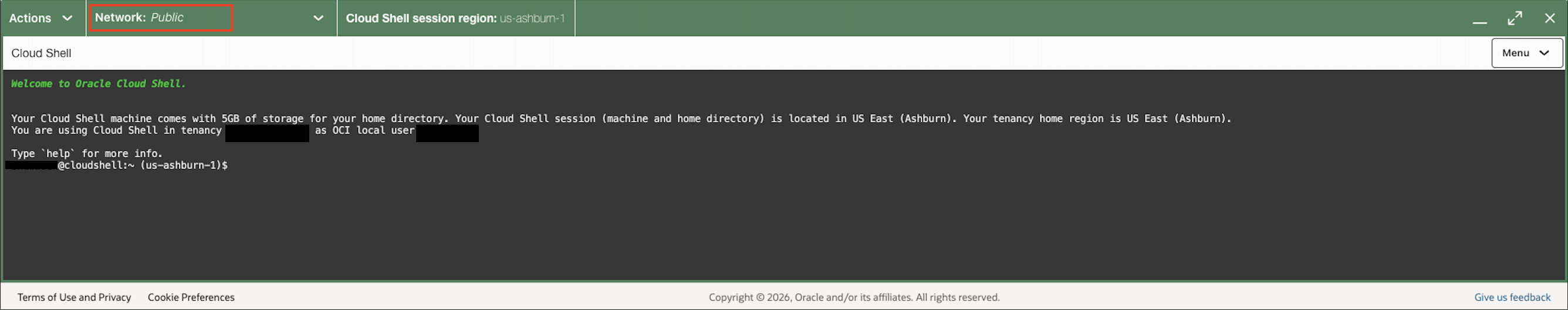 Cloud Shell Network menu location