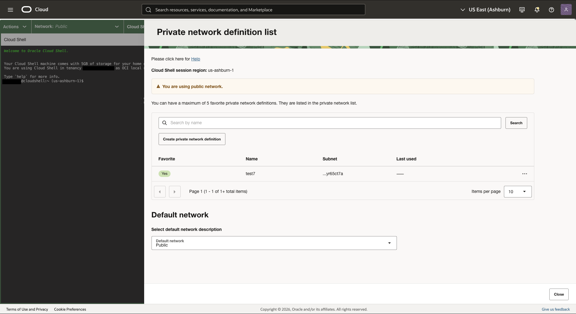 Cloud Shell Private Network definition list