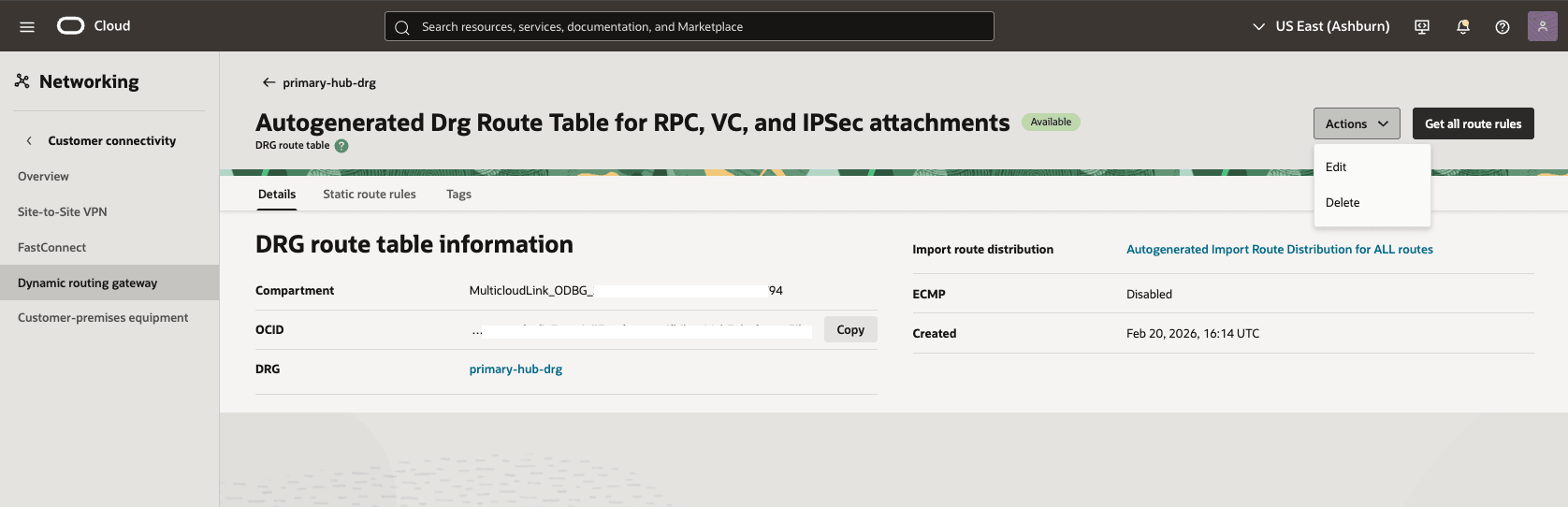 This screenshot shows how to configure the network in the primary region.