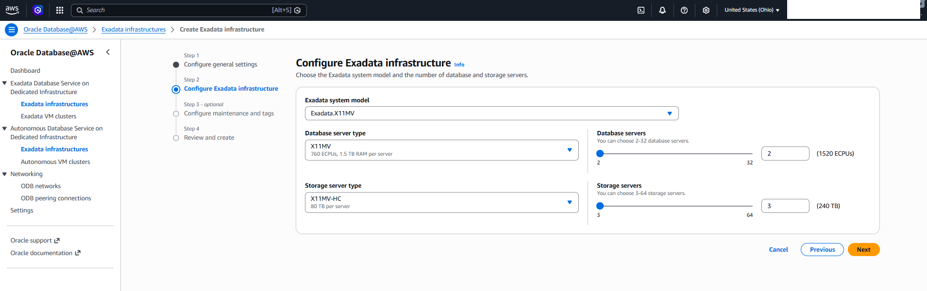This screenshot shows the second part of creating an Exadata Infrastructure.