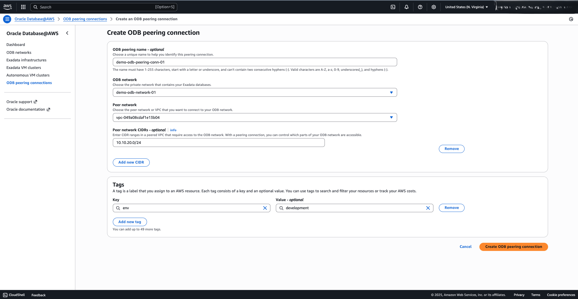 This screenshot shows the first part of creating an ODB peering connections. This screenshot shows the first part of creating an ODB peering connections.