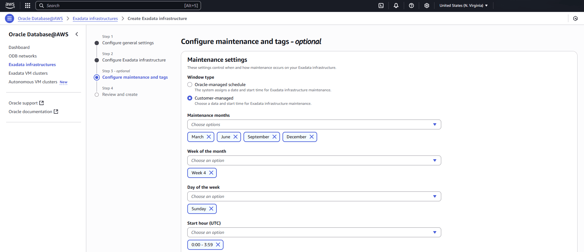 This screenshot shows the third part of creating an Exadata Infrastructure. This screenshot shows the third part of creating an Exadata Infrastructure.