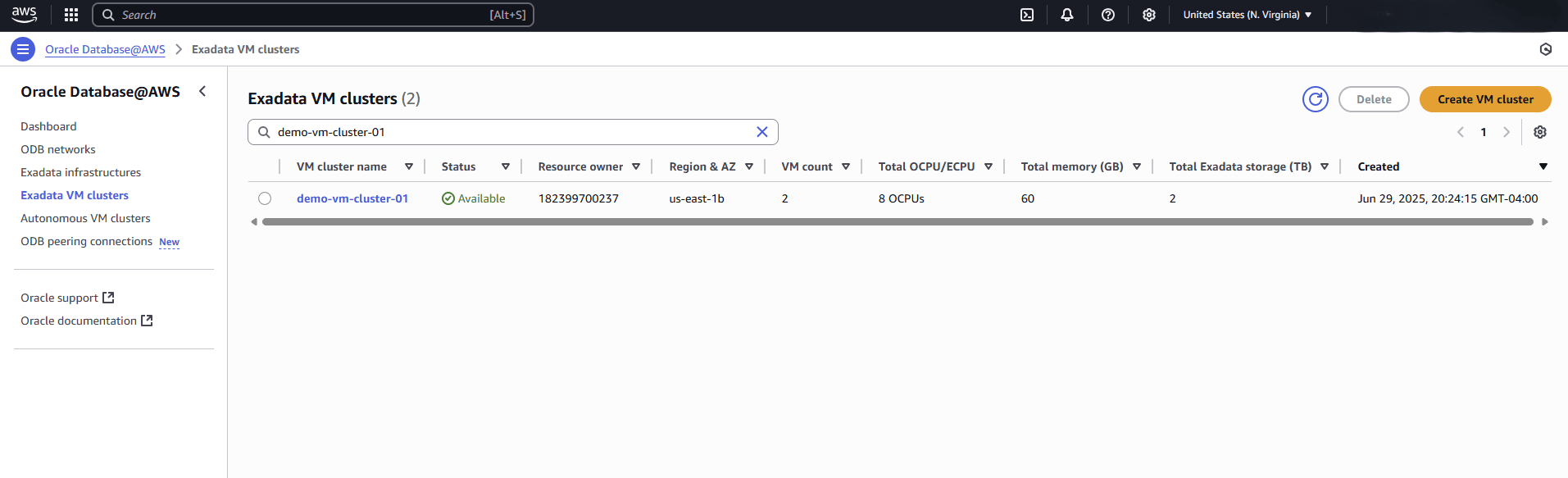 This screenshot shows the final part of creating an Exadata VM Cluster.