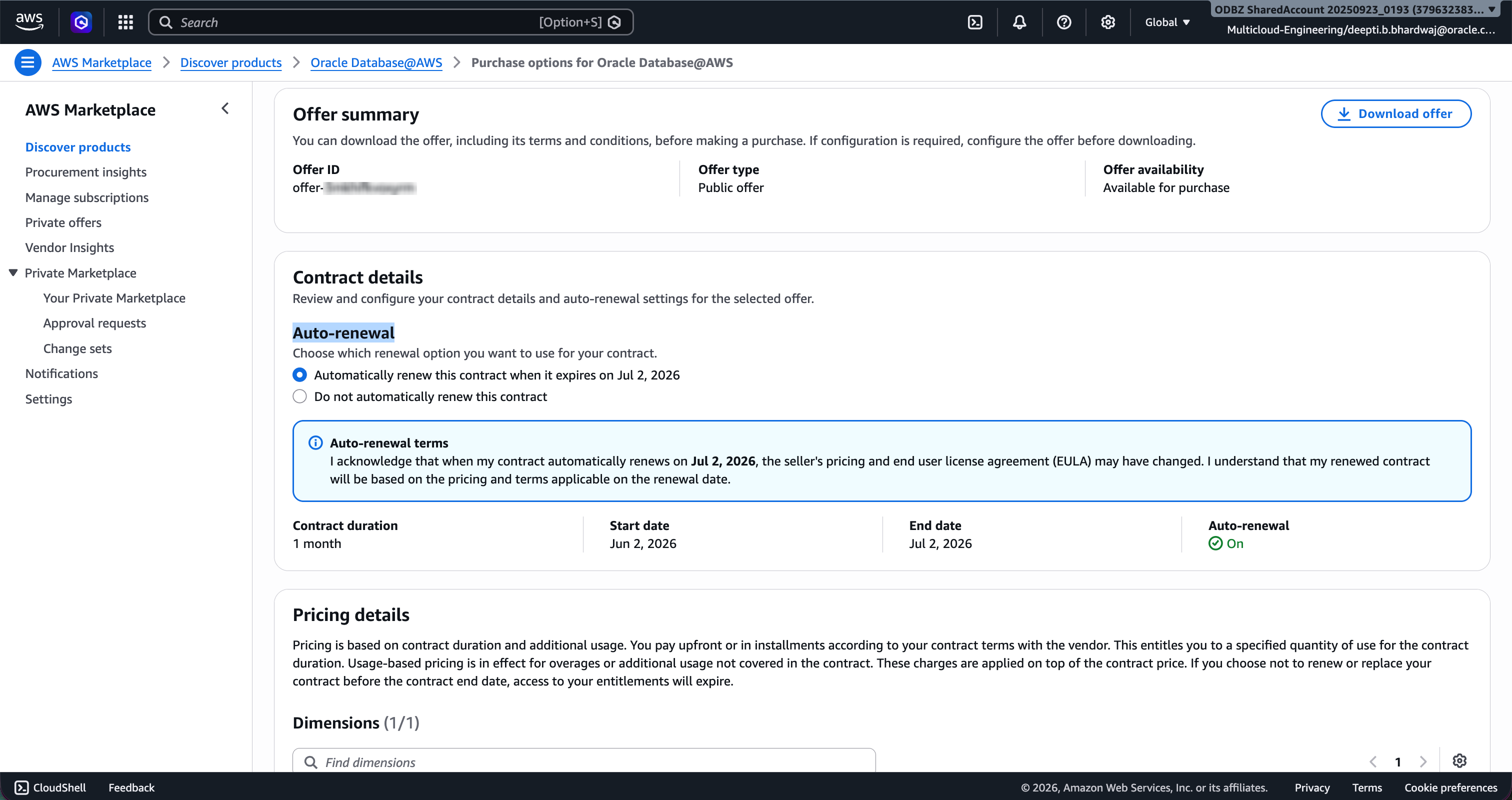Click to expand Purchase options in AWS Marketplace: Auto-renewal and Pricing details