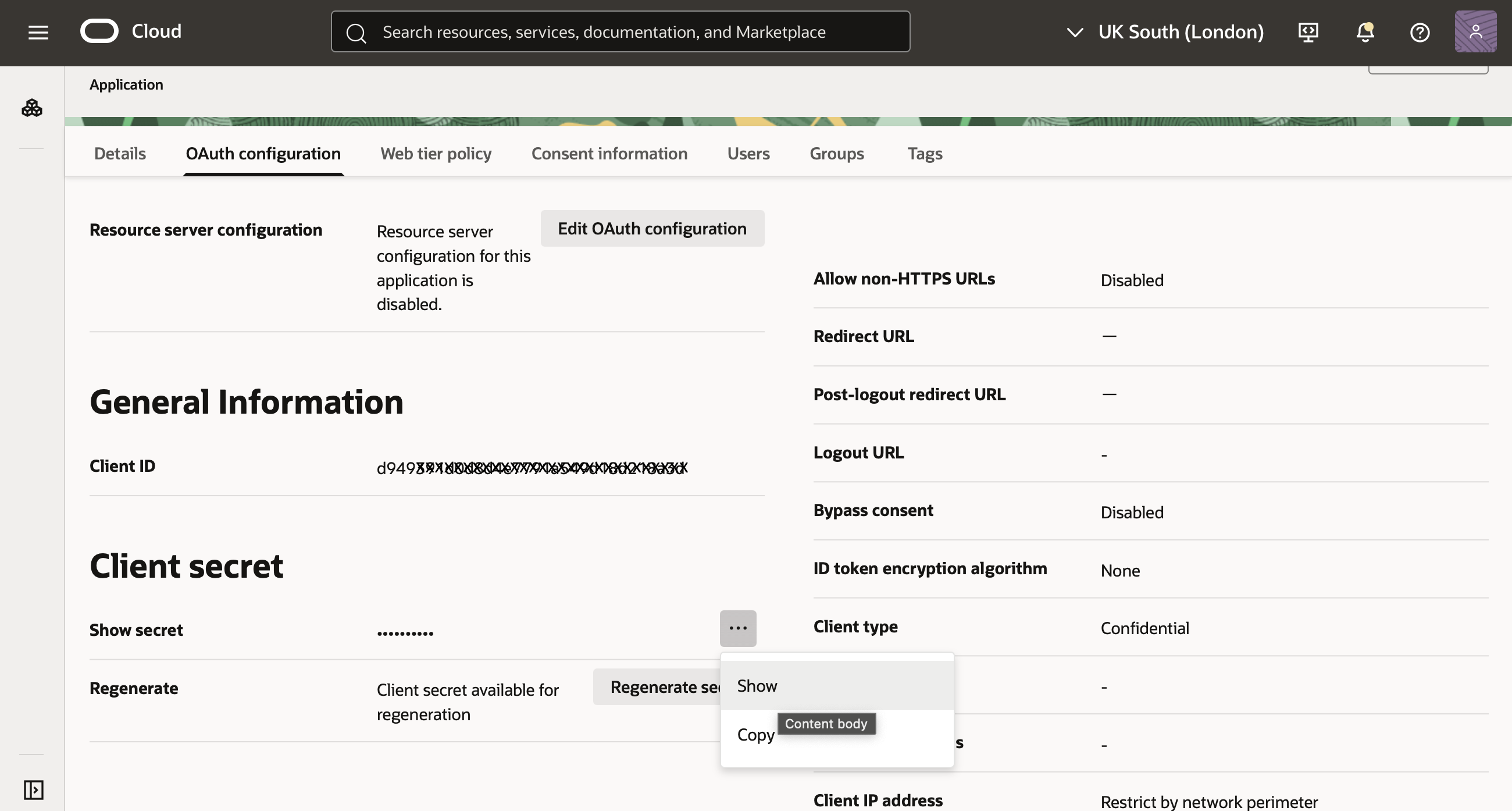 Click to expand An image of the OCI Console showing the Client secret dialog.