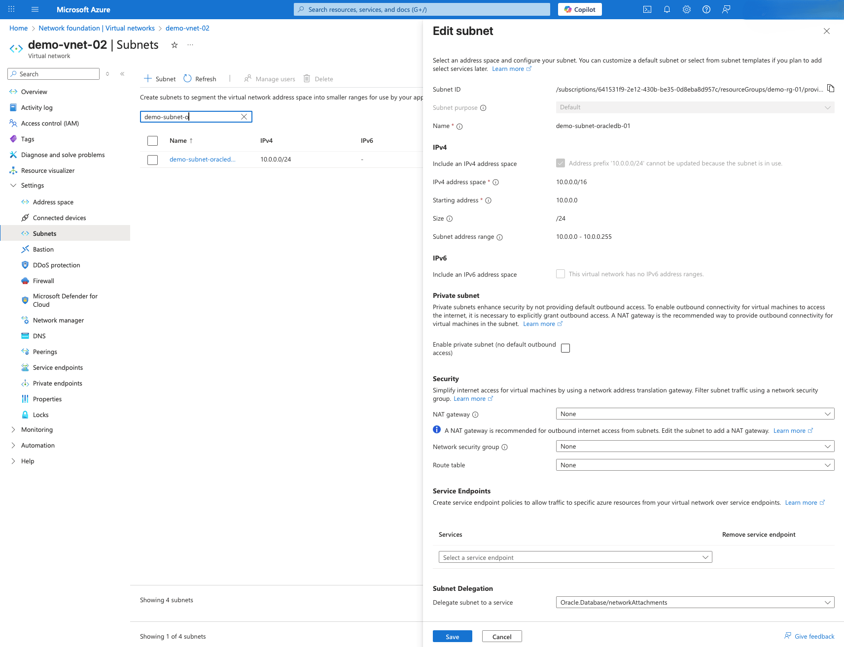 This screenshot shows the steps to create a virtual network with delegated subnet