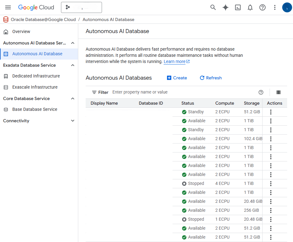 This screenshot shows how to create an Autonomous AI Database.