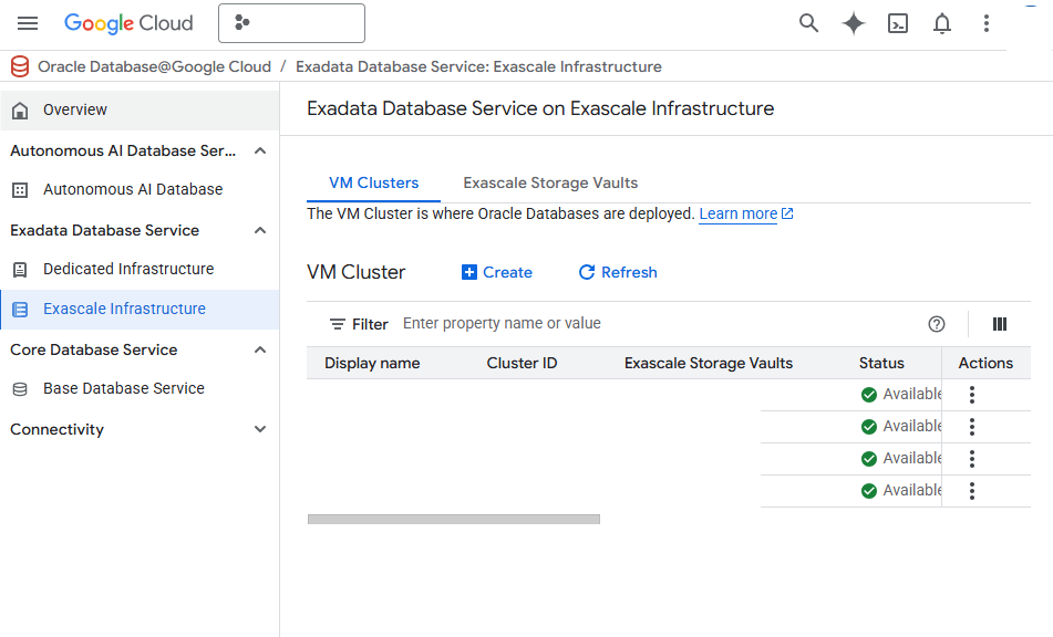 This screenshot shows how to create an Exascale VM Cluster.