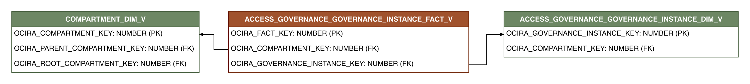 Relationship diagram showing the fact table, ACCESS_GOVERNANCE_GOVERNANCE_INSTANCE_FACT_V.
