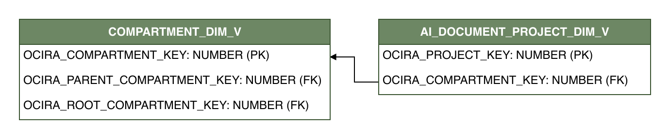 Relationship diagram showing the dimension table, AI_DOCUMENT_PROJECT_DIM_V.