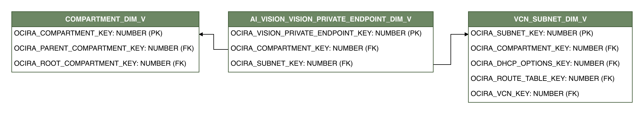 Relationship diagram showing the dimension table, AI_VISION_VISION_PRIVATE_ENDPOINT_DIM_V.