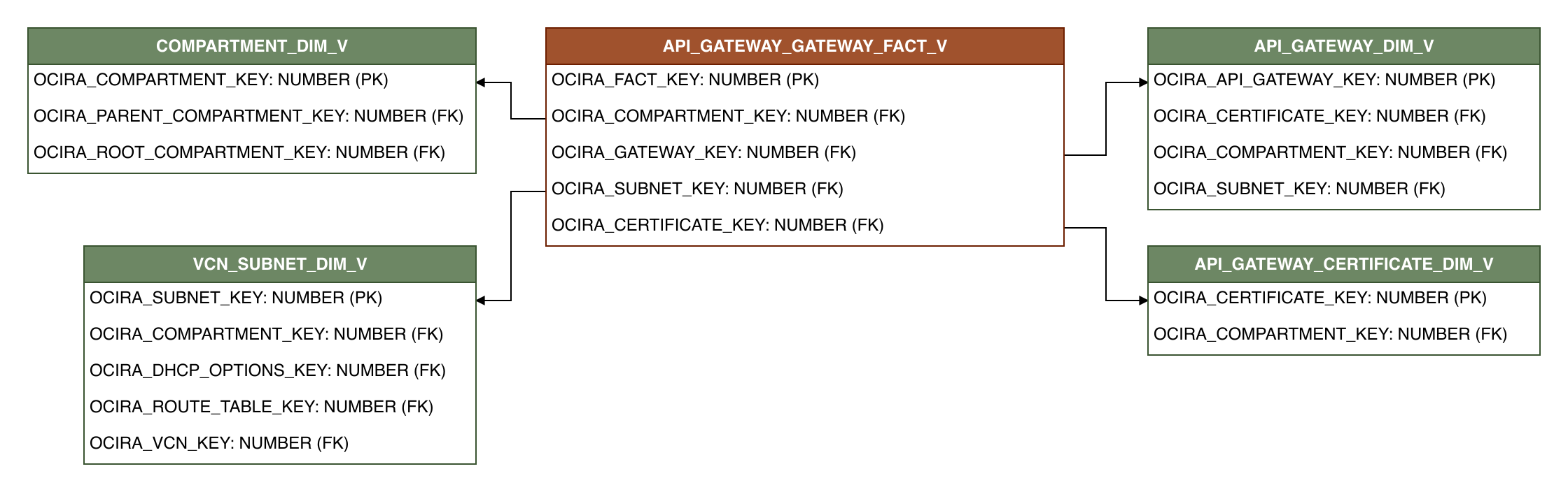 Relationship diagram showing the fact table, API_GATEWAY_GATEWAY_FACT_V.