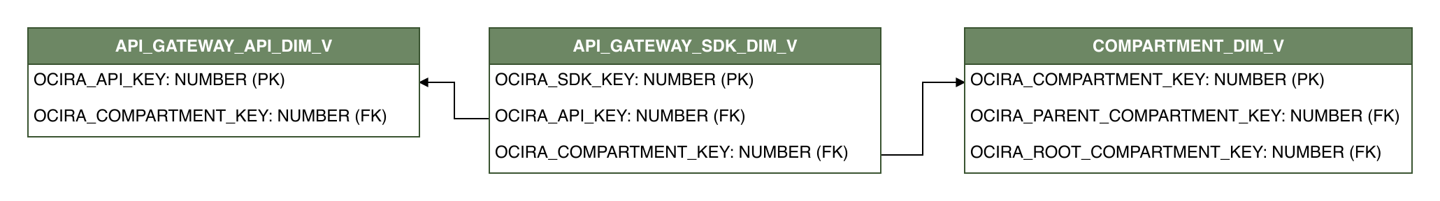 Relationship diagram showing the dimension table, API_GATEWAY_SDK_DIM_V.