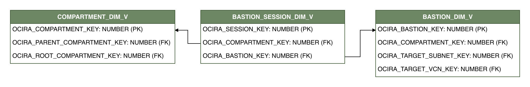 Relationship diagram showing the dimension table, BASTION_SESSION_DIM_V.