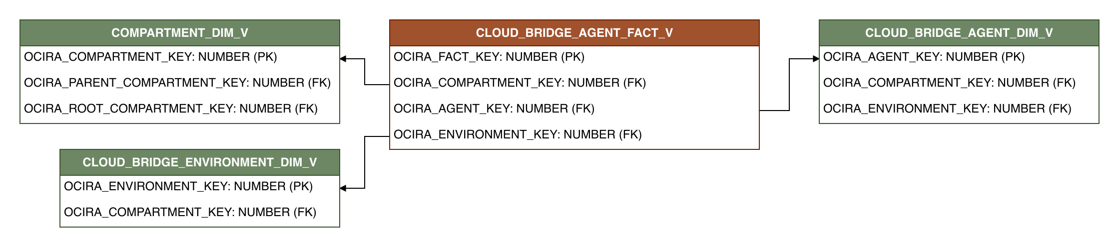 Relationship diagram showing the fact table, CLOUD_BRIDGE_AGENT_FACT_V.