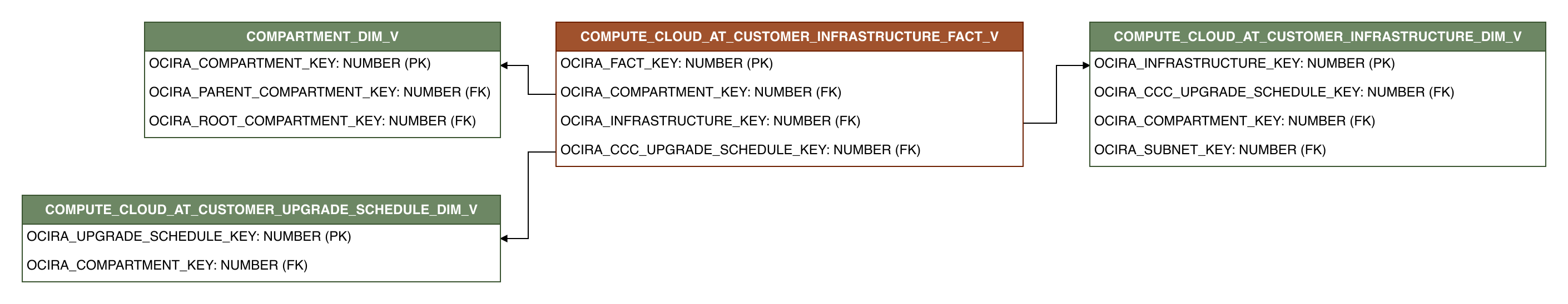 Relationship diagram showing the fact table, COMPUTE_CLOUD_AT_CUSTOMER_INFRASTRUCTURE_FACT_V.