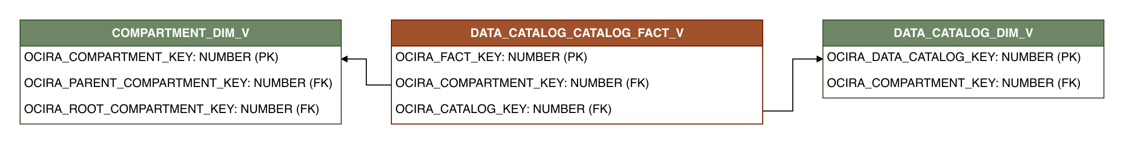 Relationship diagram showing the fact table, DATA_CATALOG_CATALOG_FACT_V.