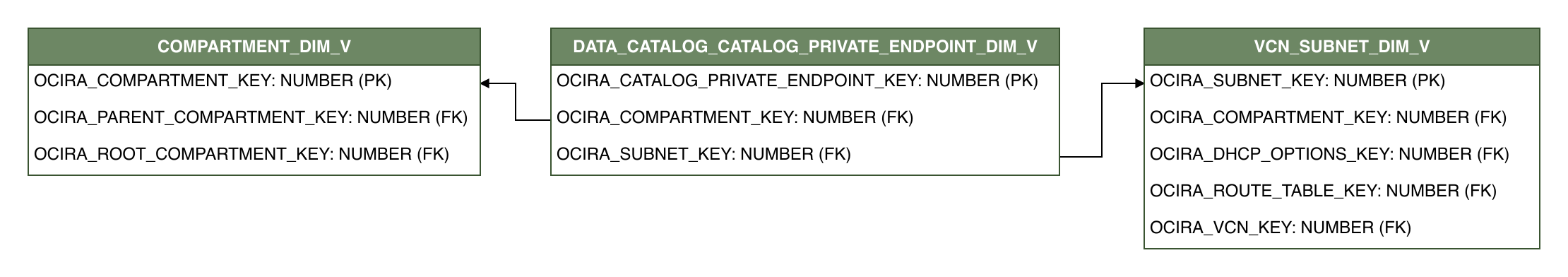 Relationship diagram showing the dimension table, DATA_CATALOG_CATALOG_PRIVATE_ENDPOINT_DIM_V.