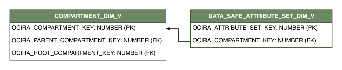 Relationship diagram showing the dimension table, DATA_SAFE_ATTRIBUTE_SET_DIM_V.