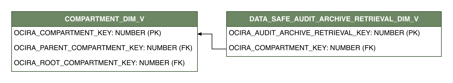 Relationship diagram showing the dimension table, DATA_SAFE_AUDIT_ARCHIVE_RETRIEVAL_DIM_V.