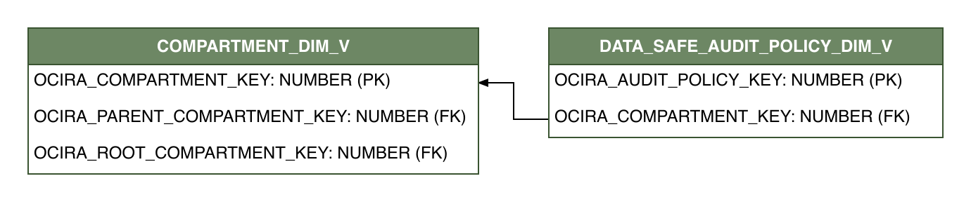 Relationship diagram showing the dimension table, DATA_SAFE_AUDIT_POLICY_DIM_V.