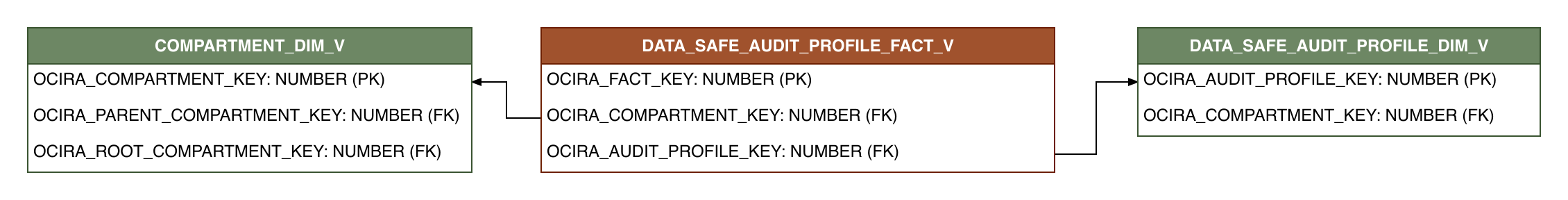 Relationship diagram showing the fact table, DATA_SAFE_AUDIT_PROFILE_FACT_V.