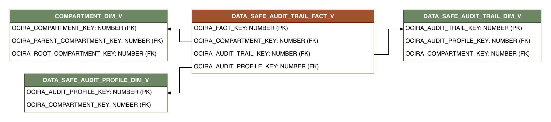 Relationship diagram showing the fact table, DATA_SAFE_AUDIT_TRAIL_FACT_V.