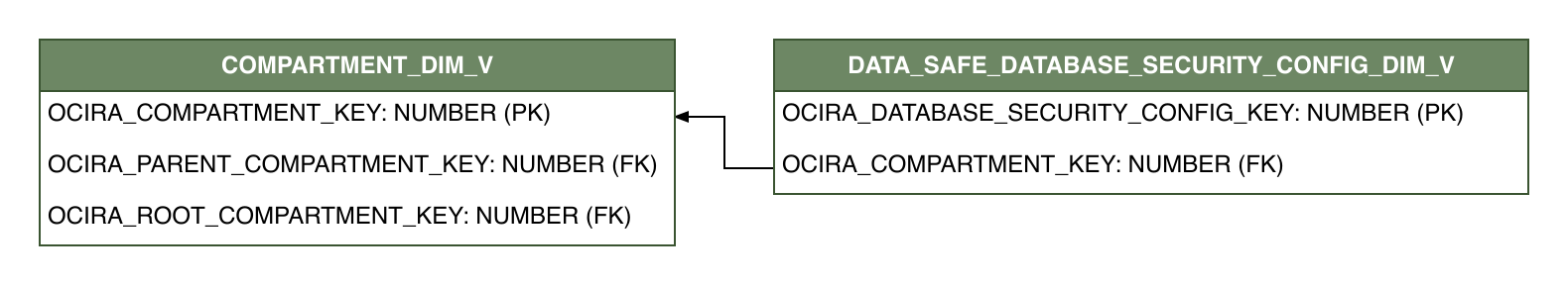 Relationship diagram showing the dimension table, DATA_SAFE_DATABASE_SECURITY_CONFIG_DIM_V.