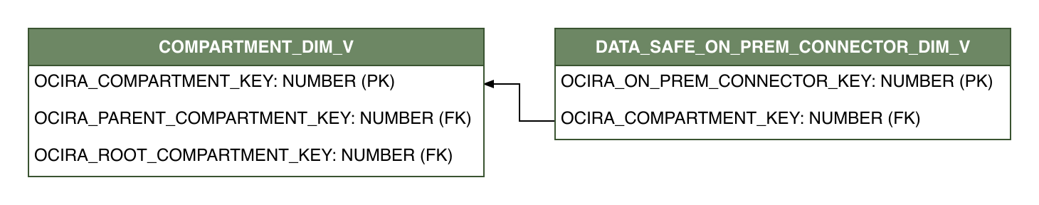 Relationship diagram showing the dimension table, DATA_SAFE_ON_PREM_CONNECTOR_DIM_V.