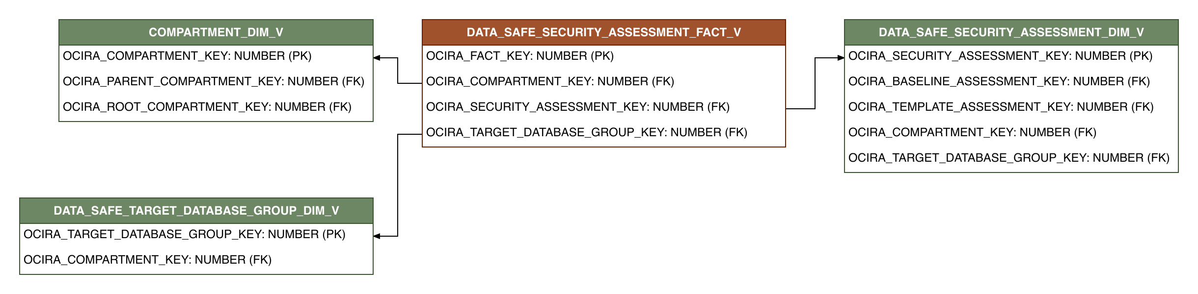 Relationship diagram showing the fact table, DATA_SAFE_SECURITY_ASSESSMENT_FACT_V.