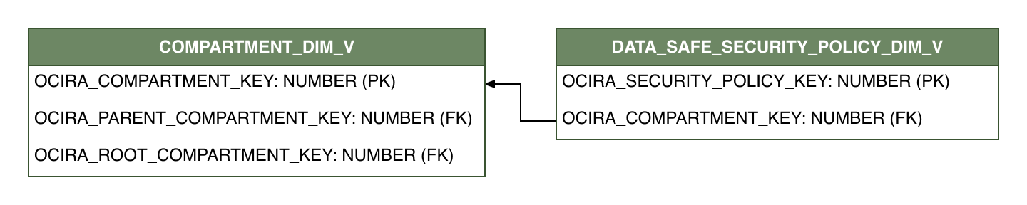 Relationship diagram showing the dimension table, DATA_SAFE_SECURITY_POLICY_DIM_V.