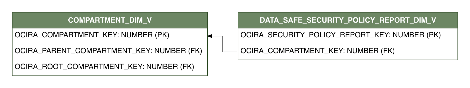 Relationship diagram showing the dimension table, DATA_SAFE_SECURITY_POLICY_REPORT_DIM_V.