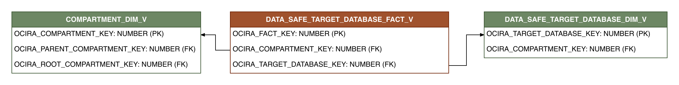 Relationship diagram showing the fact table, DATA_SAFE_TARGET_DATABASE_FACT_V.