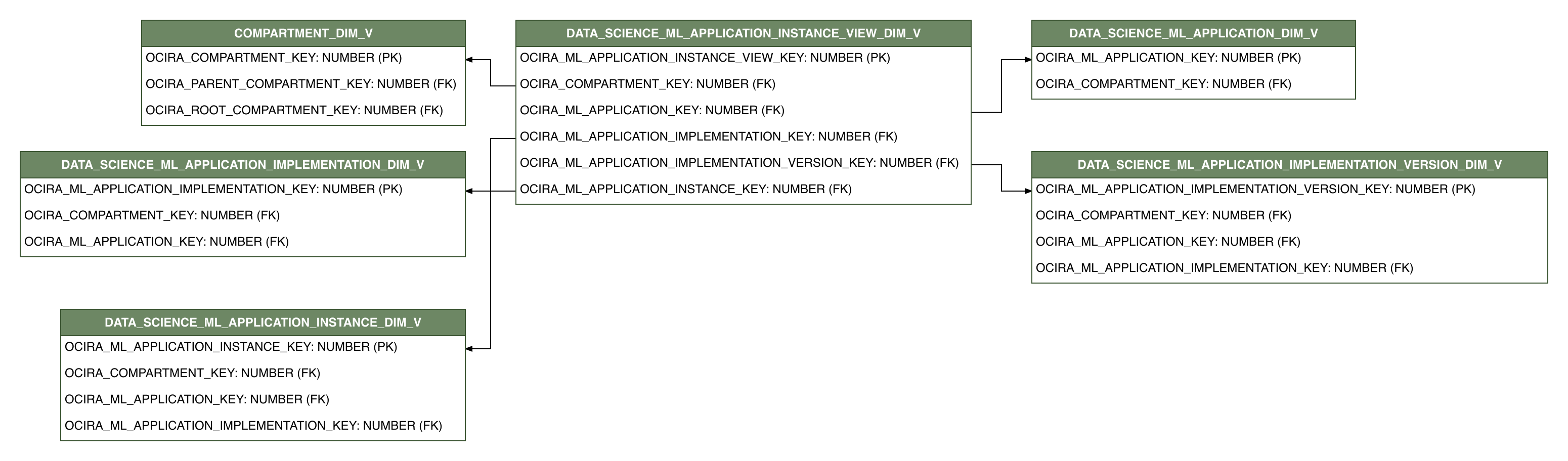 Relationship diagram showing the dimension table, DATA_SCIENCE_ML_APPLICATION_INSTANCE_VIEW_DIM_V.