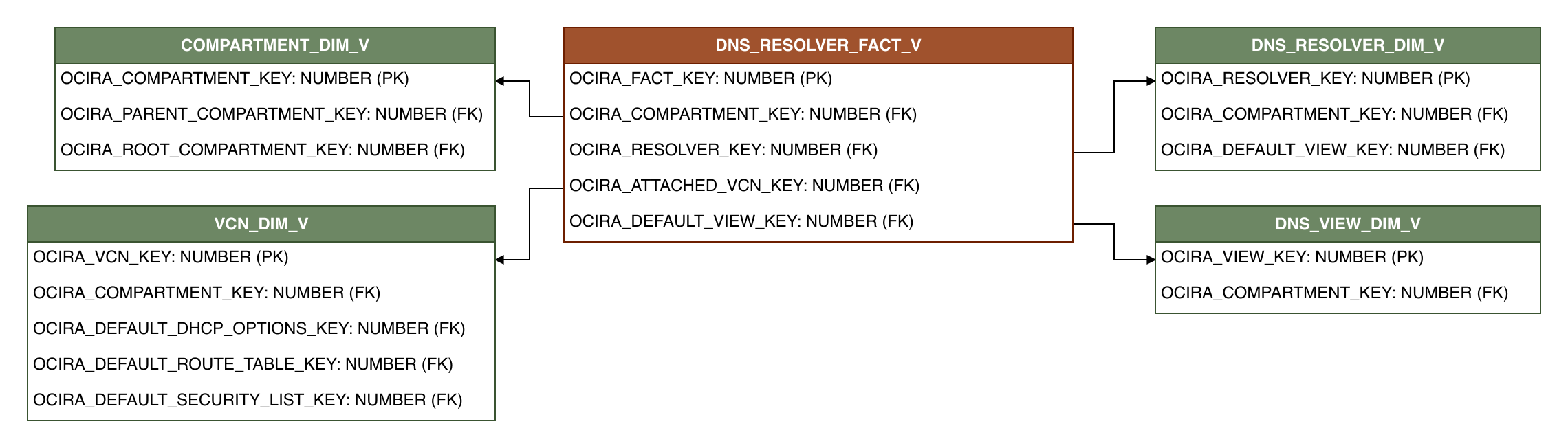 Relationship diagram showing the fact table, DNS_RESOLVER_FACT_V.