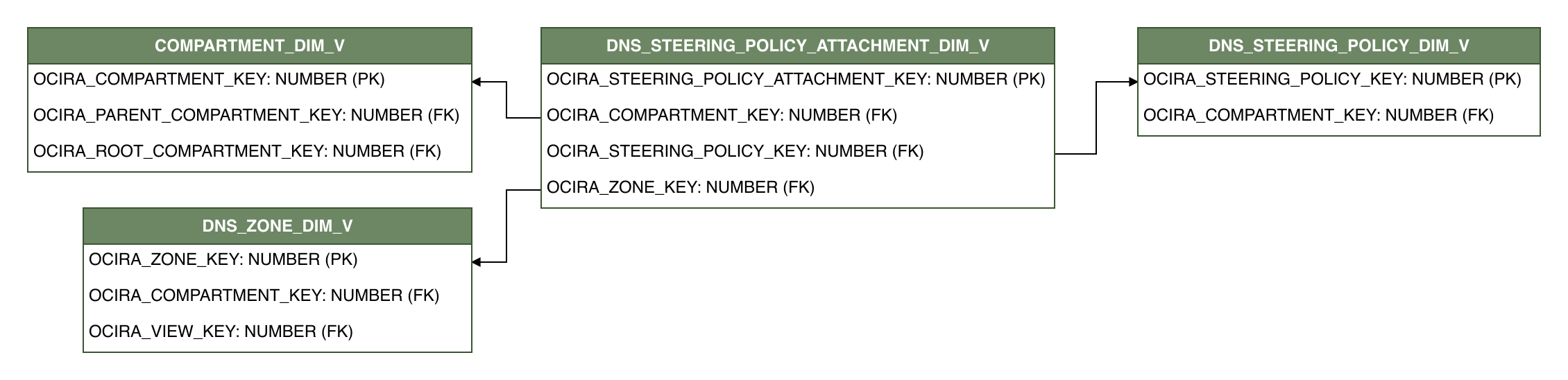 Relationship diagram showing the dimension table, DNS_STEERING_POLICY_ATTACHMENT_DIM_V.