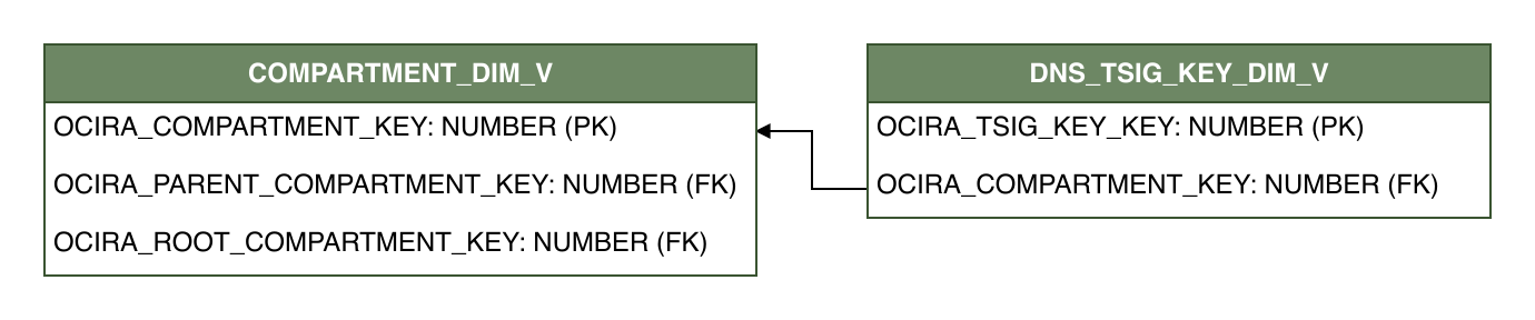 Relationship diagram showing the dimension table, DNS_TSIG_KEY_DIM_V.