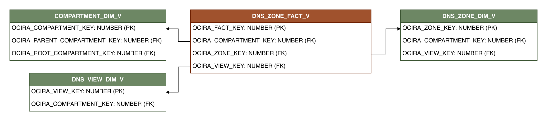 Relationship diagram showing the fact table, DNS_ZONE_FACT_V.