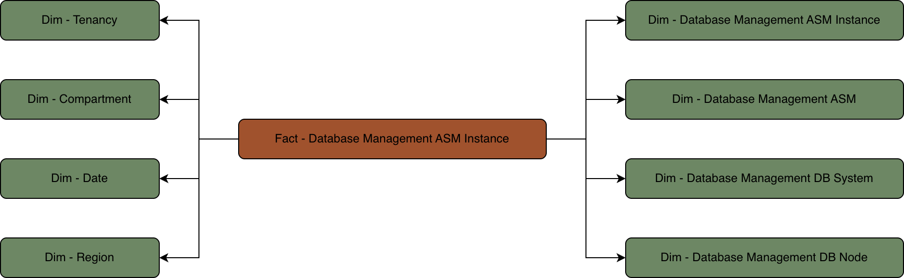 Relationship diagram with the Database Management ASM Instance fact table connected to multiple dimension tables.