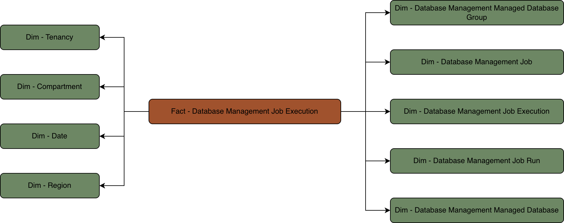 Relationship diagram with the Database Management Job Execution fact table connected to multiple dimension tables.
