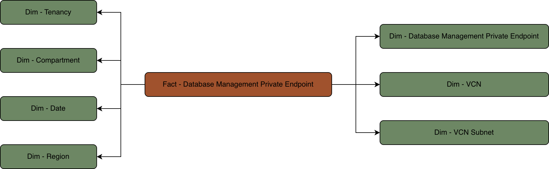 Relationship diagram with the Database Management Private Endpoint fact table connected to multiple dimension tables.