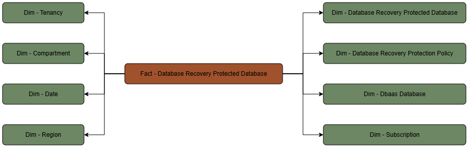 The Database Recovery Protected Database fact table is connected to its dimension tables including protected database, protection policy, DBaaS database, subscription, and infrastructure dimensions.