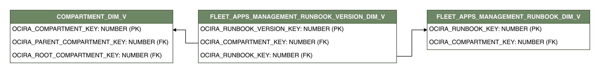 Relationship diagram showing the dimension table, FLEET_APPS_MANAGEMENT_RUNBOOK_VERSION_DIM_V.