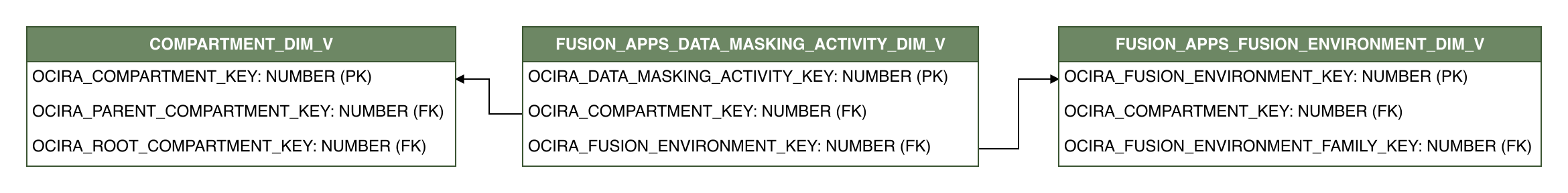 Relationship diagram showing the dimension table, FUSION_APPS_DATA_MASKING_ACTIVITY_DIM_V.
