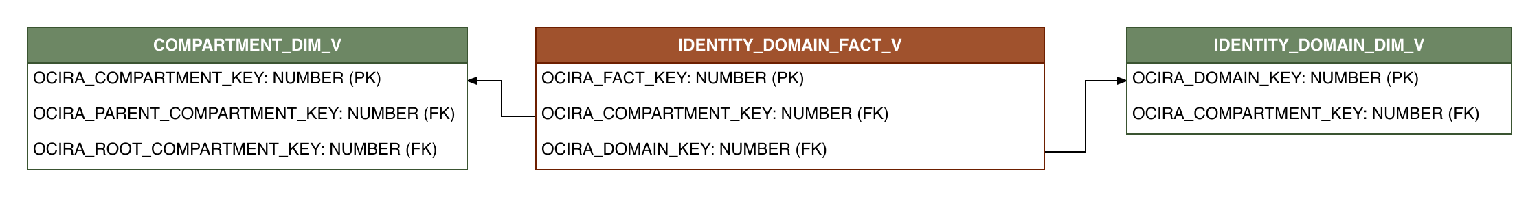 Relationship diagram showing the fact table, IDENTITY_DOMAIN_FACT_V.