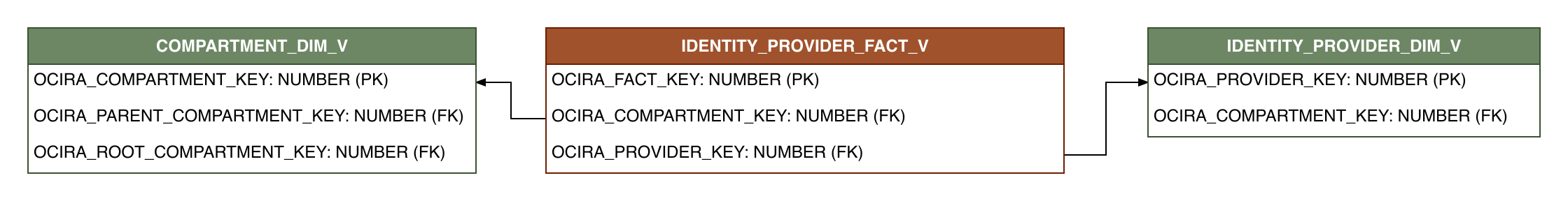 Relationship diagram showing the fact table, IDENTITY_PROVIDER_FACT_V.